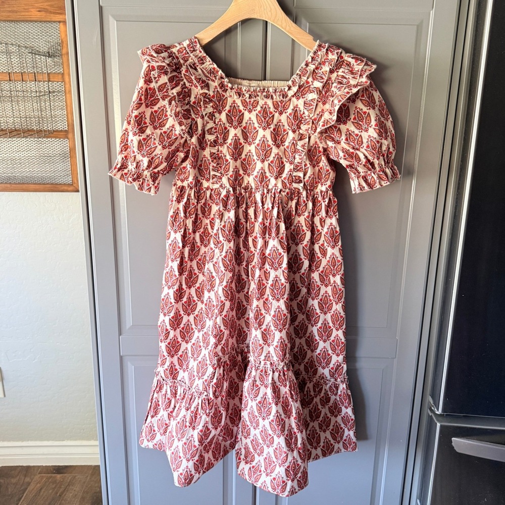 A Loves A Girls Paisley Flutter Sleeve Smocked Midi Dress, Red Cream, L